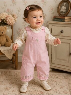 Adams Kids Rare Y2K / Vintage Pink Floral Embroidered Baby Overalls 6-9 M